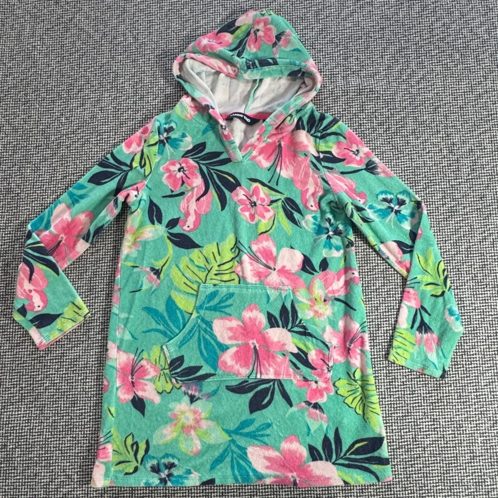 Lands End Girls Teal Pink Floral Terry Cloth Hooded Swim Cover Up Size M 10-12